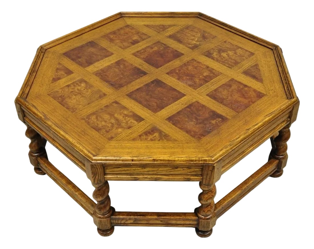 Vintage Baker Barley Twist Oak & Burlwood Parquetry Octagonal Coffee Table (1 of 17)