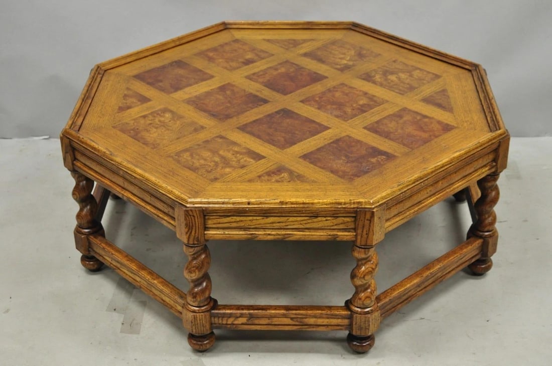 Vintage Baker Barley Twist Oak & Burlwood Parquetry Octagonal Coffee Table - 2