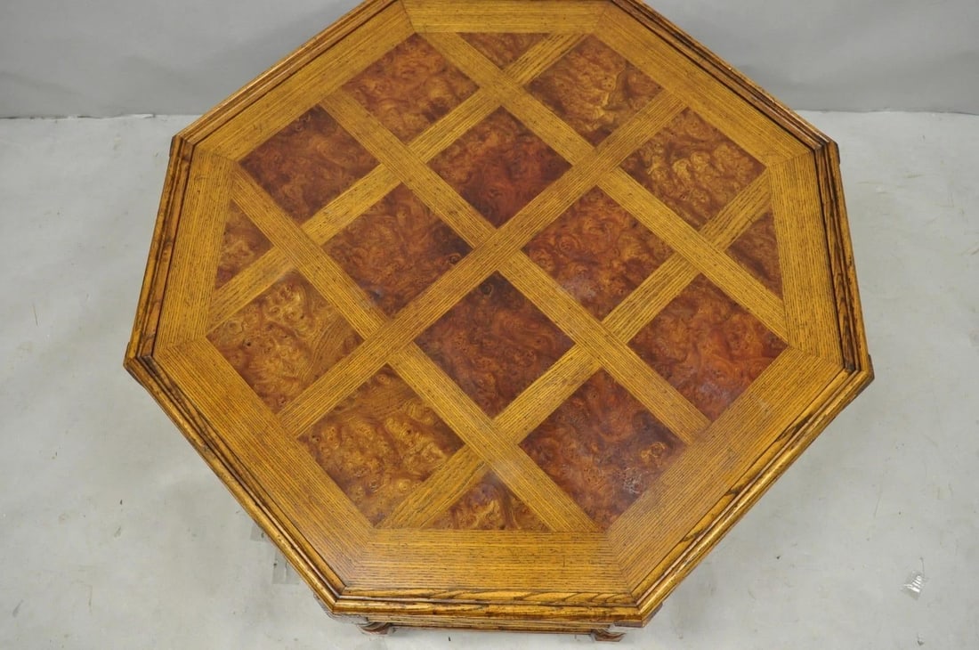 Vintage Baker Barley Twist Oak & Burlwood Parquetry Octagonal Coffee Table - 3