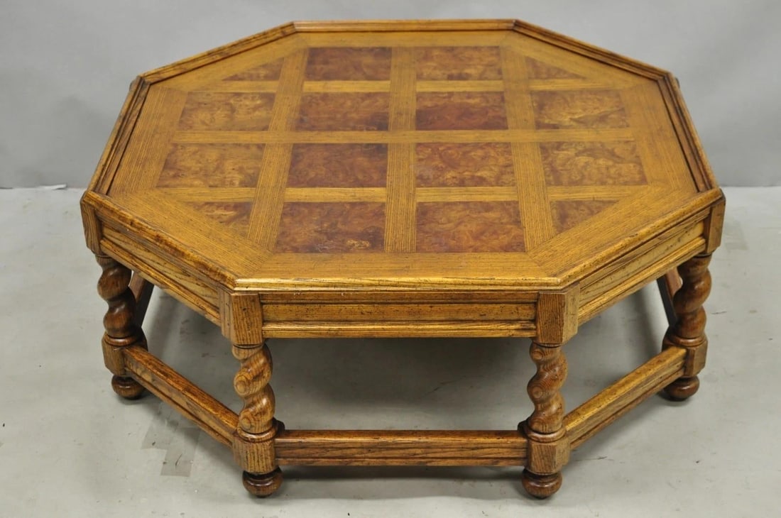 Vintage Baker Barley Twist Oak & Burlwood Parquetry Octagonal Coffee Table - 5