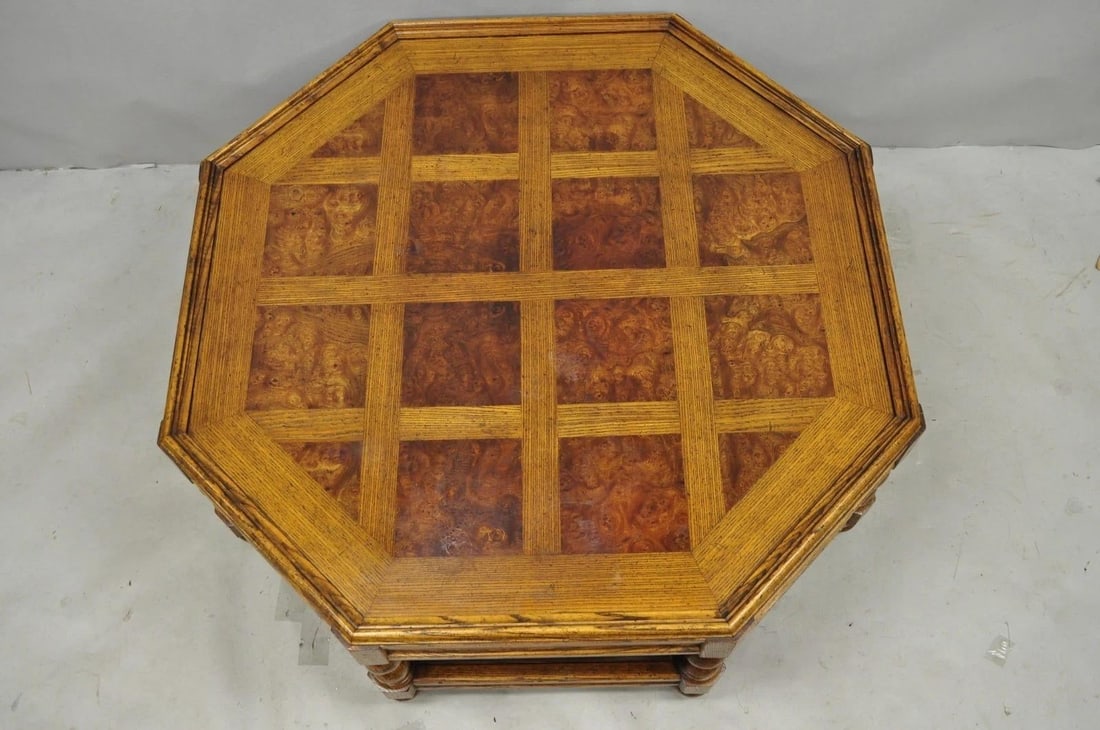 Vintage Baker Barley Twist Oak & Burlwood Parquetry Octagonal Coffee Table - 6