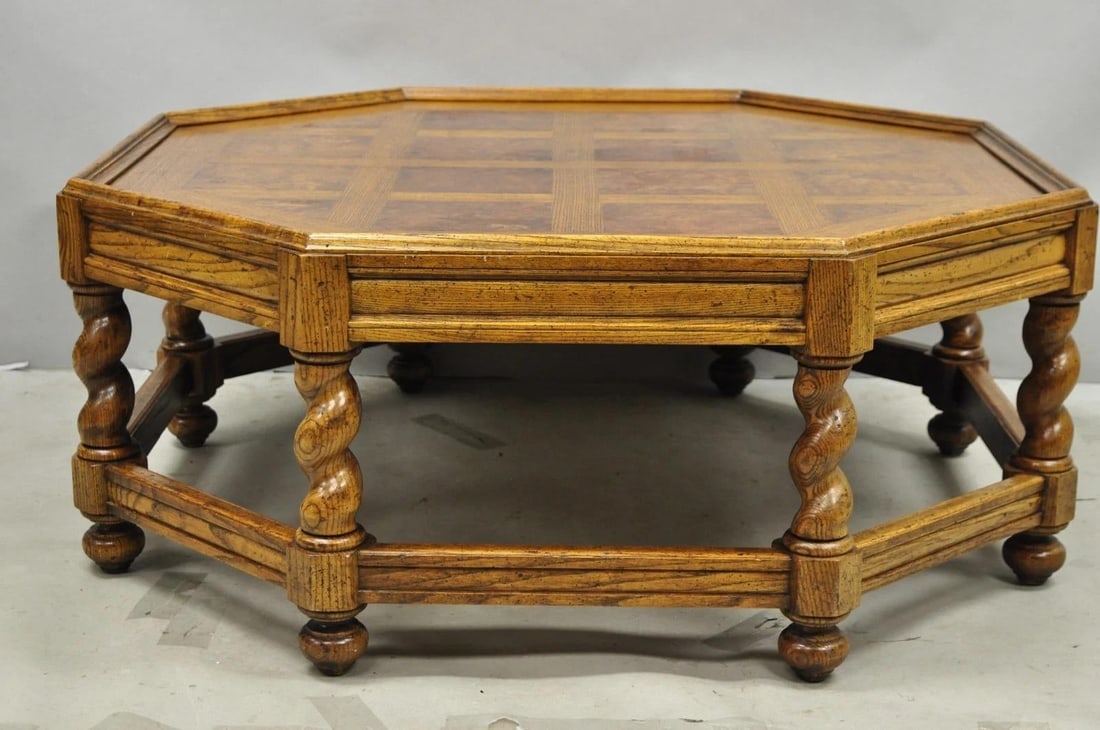Vintage Baker Barley Twist Oak & Burlwood Parquetry Octagonal Coffee Table - 7