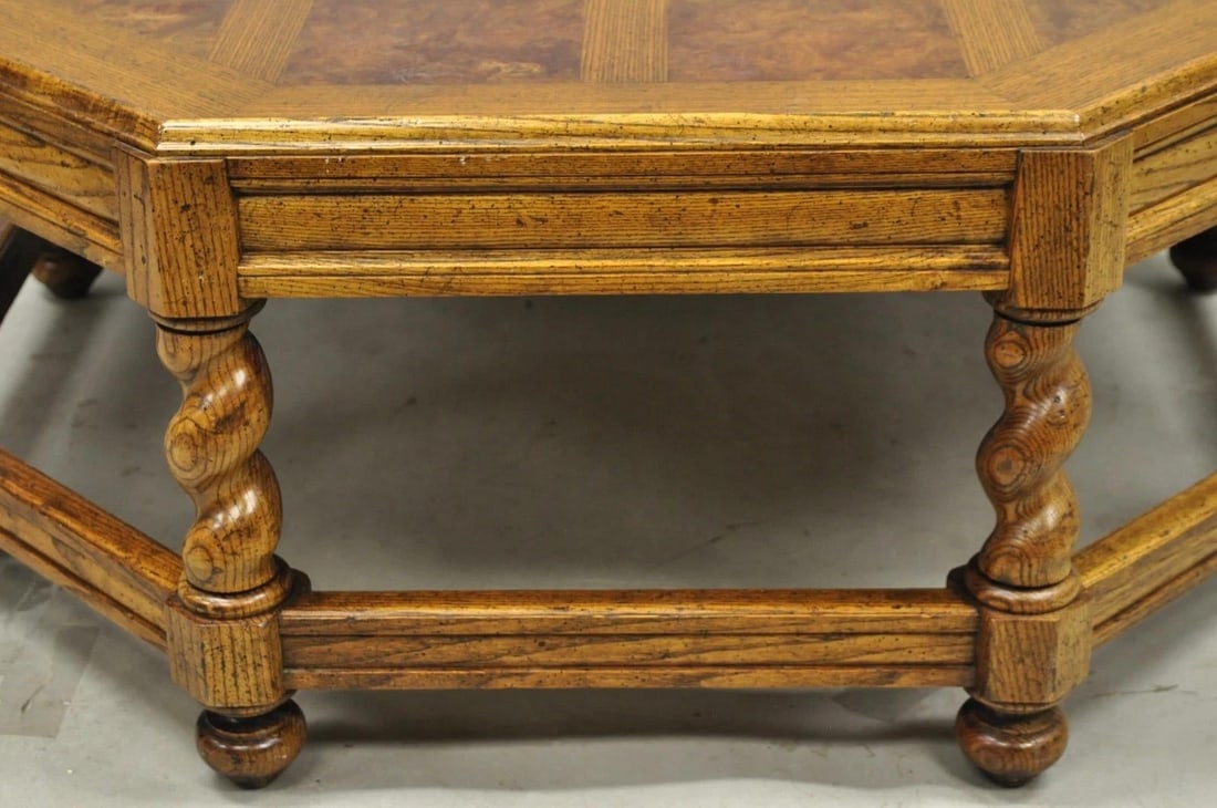 Vintage Baker Barley Twist Oak & Burlwood Parquetry Octagonal Coffee Table - 8