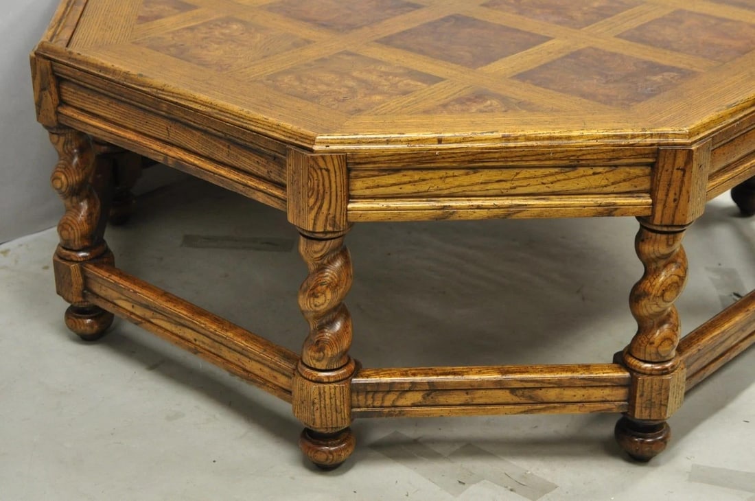 Vintage Baker Barley Twist Oak & Burlwood Parquetry Octagonal Coffee Table - 9