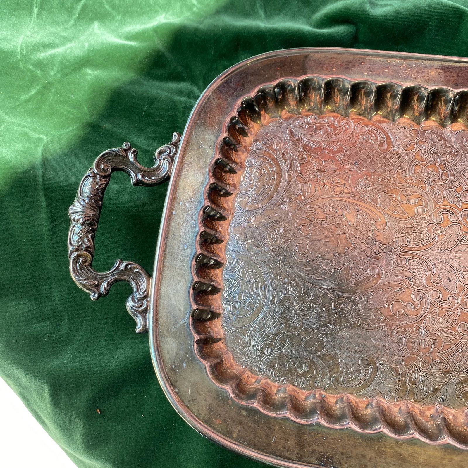 1970s Large Footed Silver Serving Tray With Etchings - 2