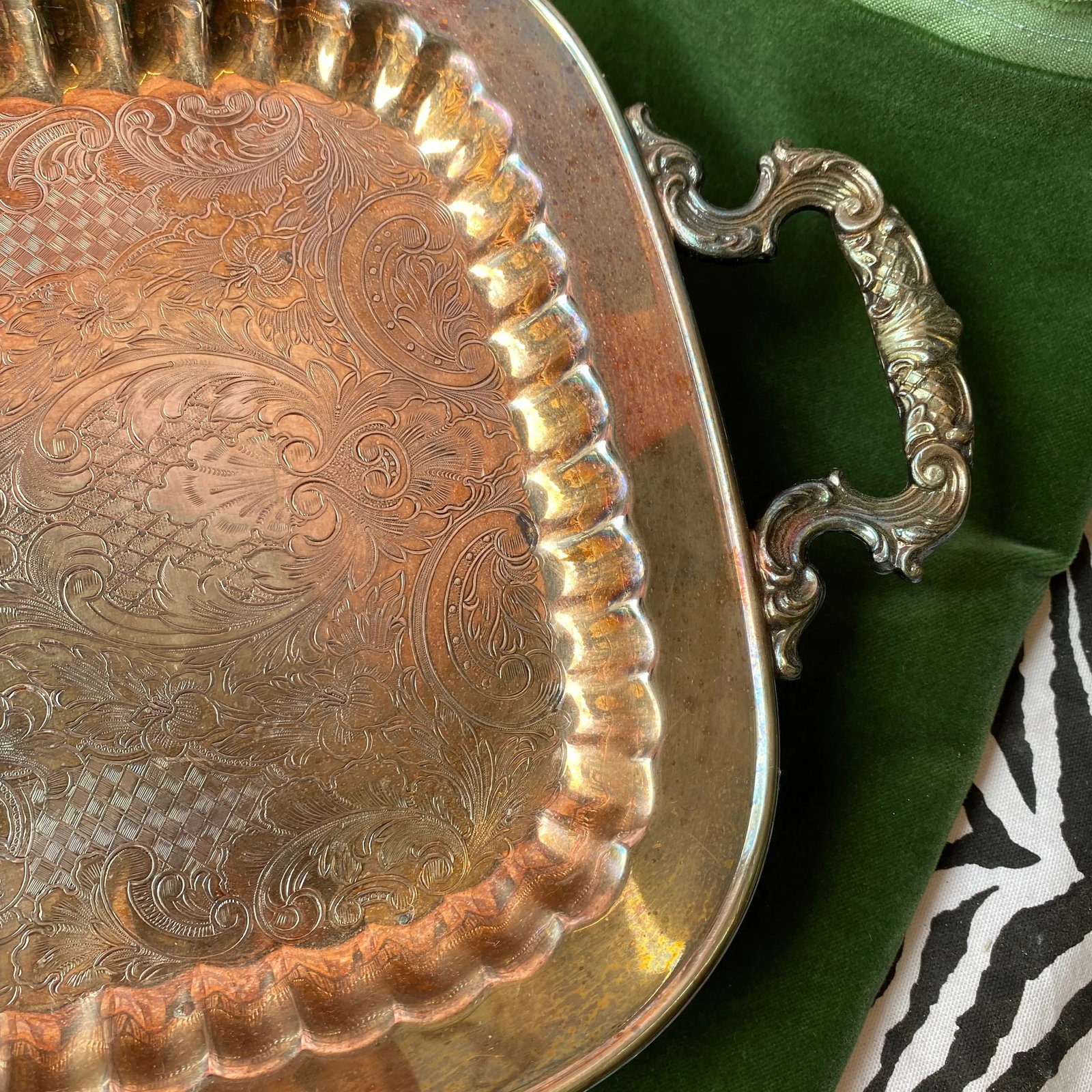 1970s Large Footed Silver Serving Tray With Etchings - 6