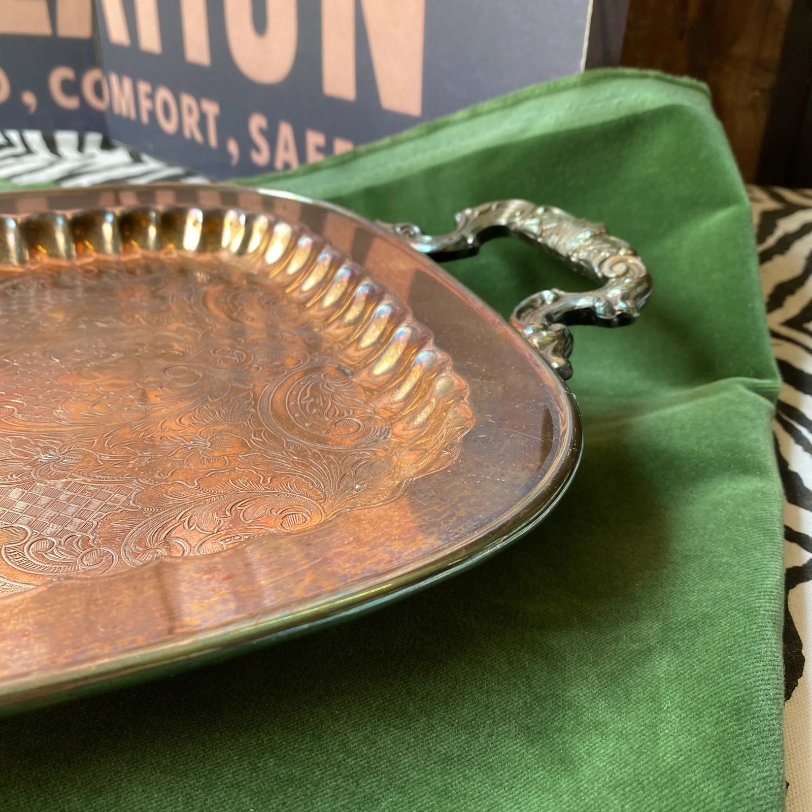 1970s Large Footed Silver Serving Tray With Etchings - 9