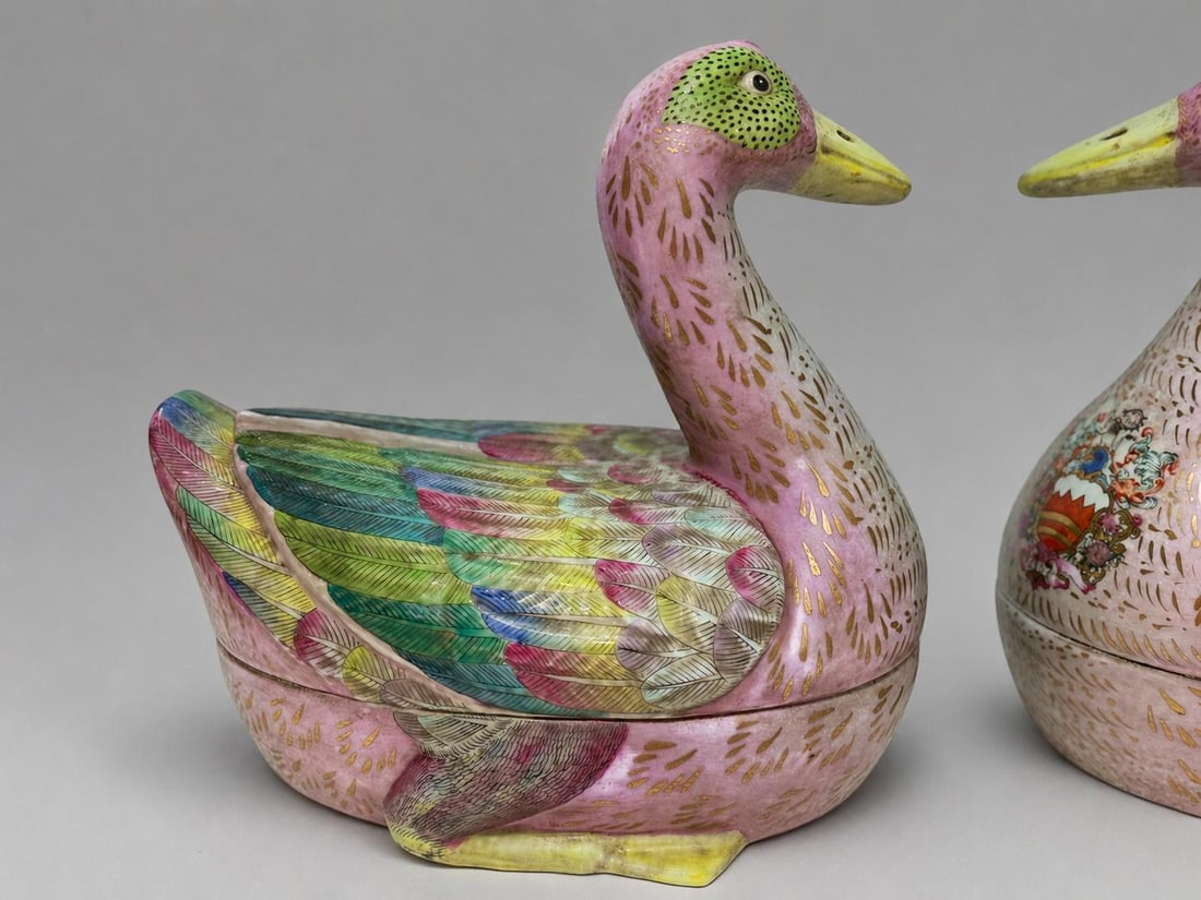 Late 20th Century Chinese Export-Style Famille Rose Armorial Porcelain Duck-Form Covered Tureens - a - 11