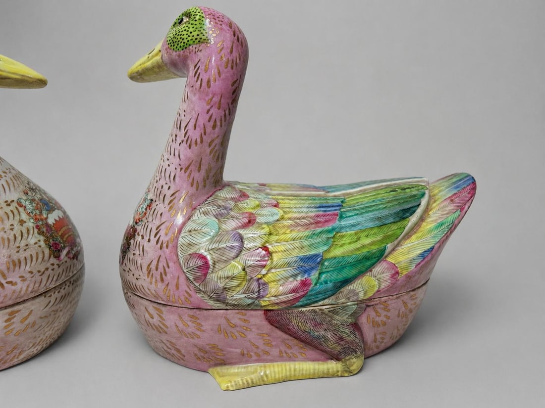 Late 20th Century Chinese Export-Style Famille Rose Armorial Porcelain Duck-Form Covered Tureens - a - 2