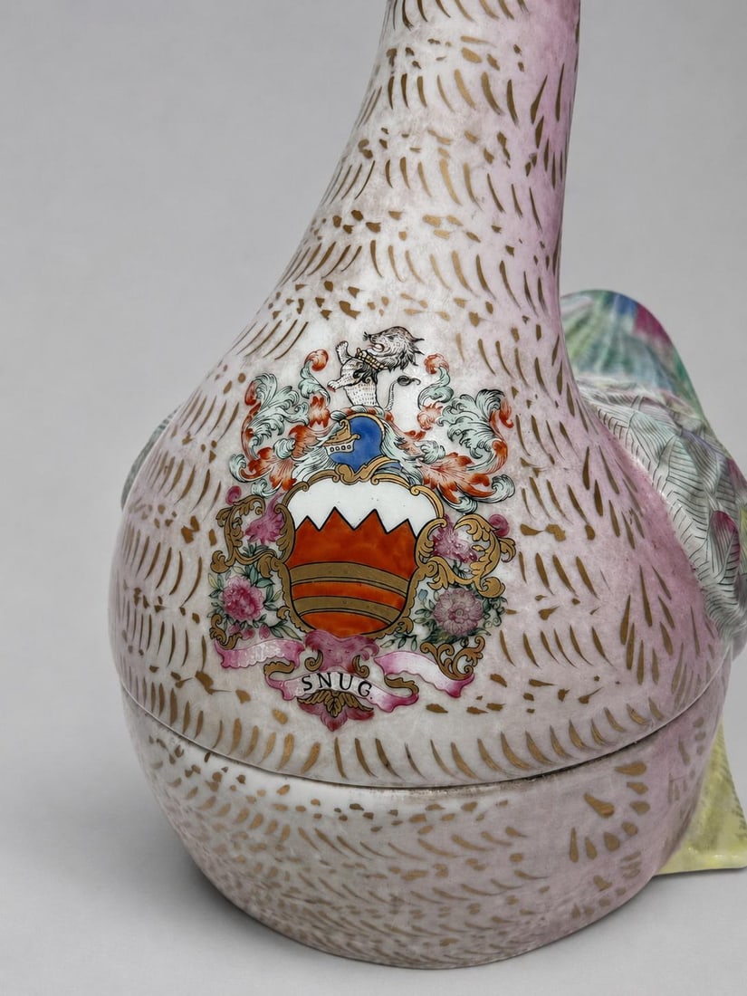 Late 20th Century Chinese Export-Style Famille Rose Armorial Porcelain Duck-Form Covered Tureens - a - 3