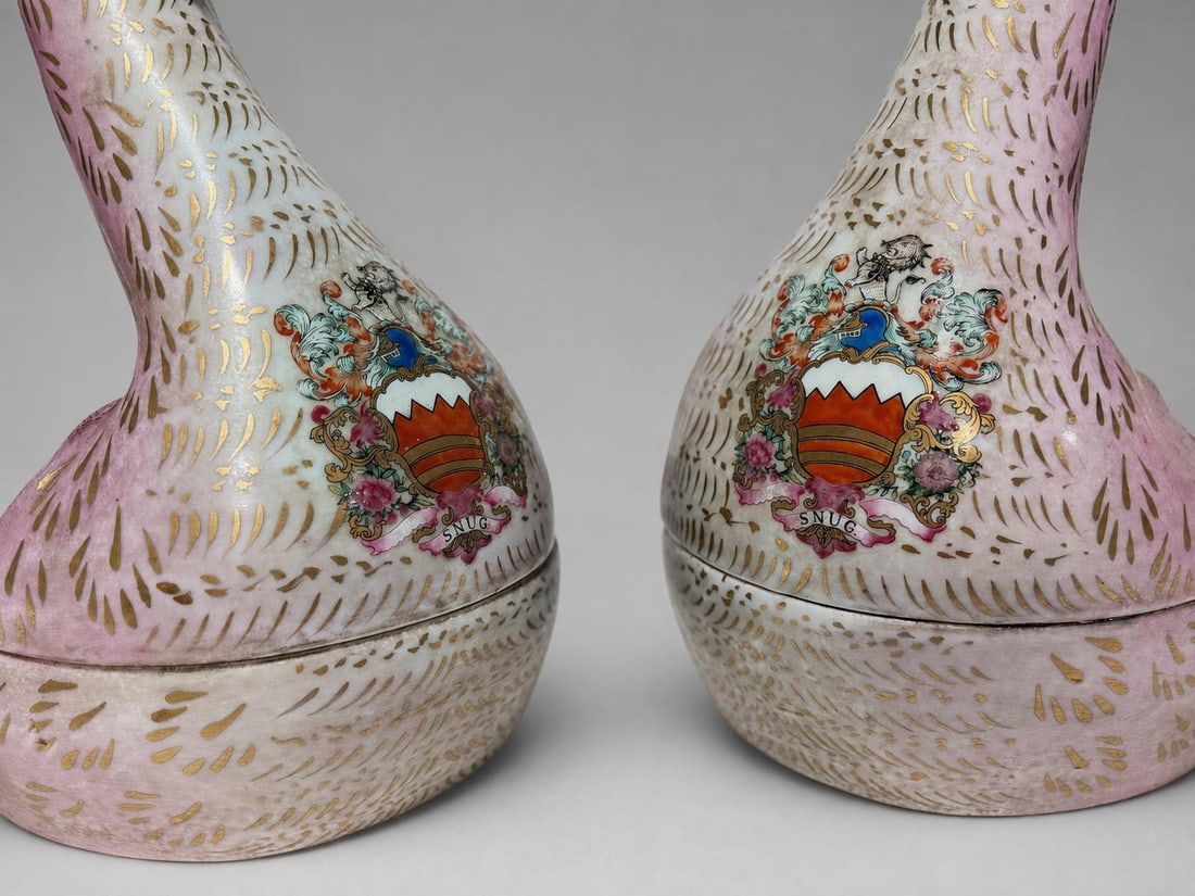 Late 20th Century Chinese Export-Style Famille Rose Armorial Porcelain Duck-Form Covered Tureens - a - 6