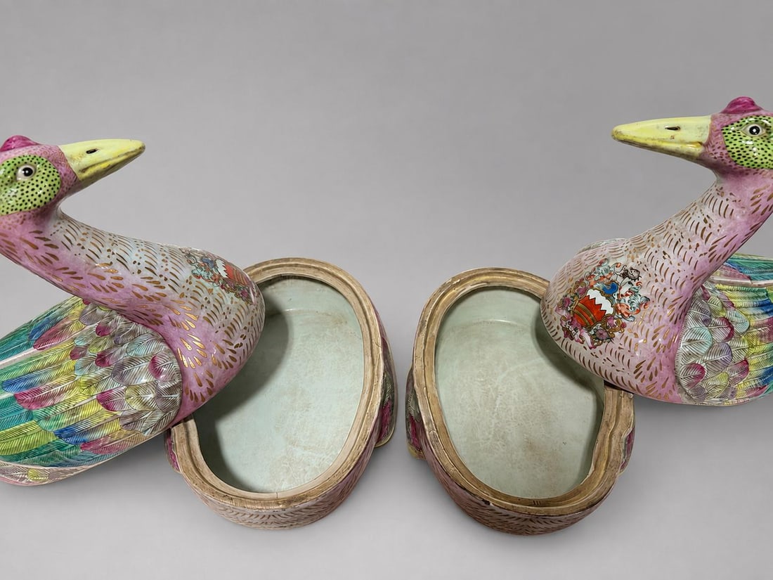 Late 20th Century Chinese Export-Style Famille Rose Armorial Porcelain Duck-Form Covered Tureens - a - 9
