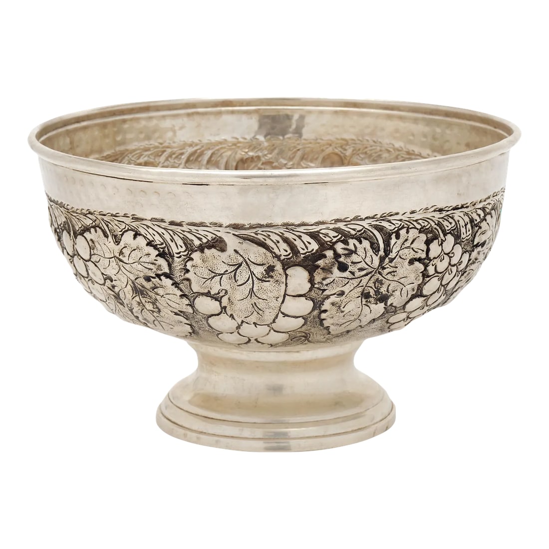 Silver Plated Vintage Wine Bucket: Large wine bucket from France made of embossed silver-plated brass with a rich decor of grapes and grape wine leaves. Condition: Alterations: Original Condition Unaltered Imperfections: Some Imperfect