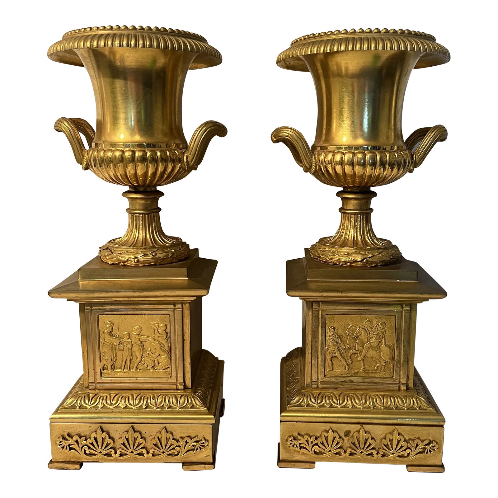 19th Century Neoclassical Gilt Bronze Grand Tour Mounted Urns - a Pair: These urns are extremely high quality in decoration and casting. True Neoclassical gilt bronze grand tour objects and what makes it better? A PAIR! Condition: Alterations: Original Condition Unaltered