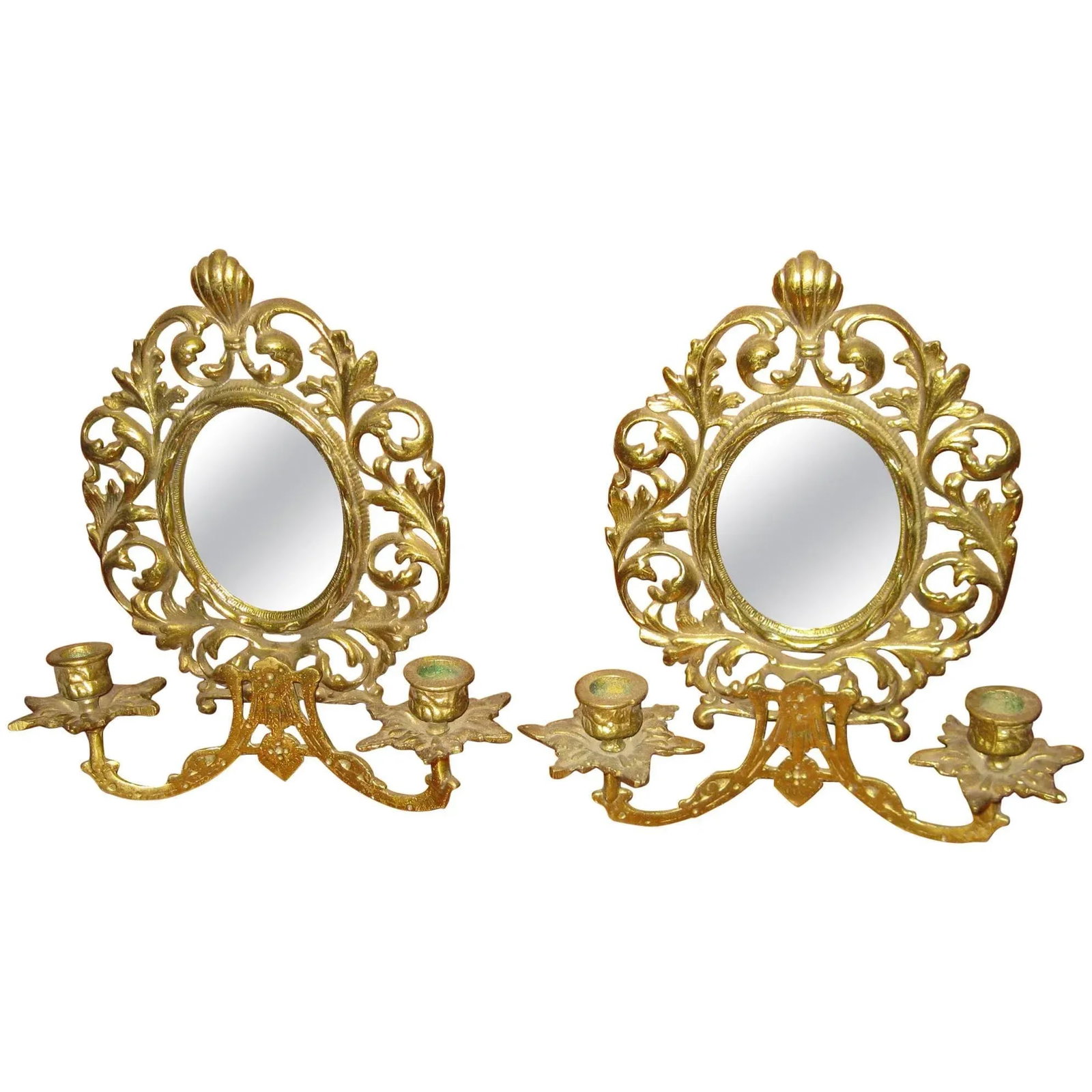 19th century Brass Two Candle Mirrored Wall Sconces - A Pair - 5