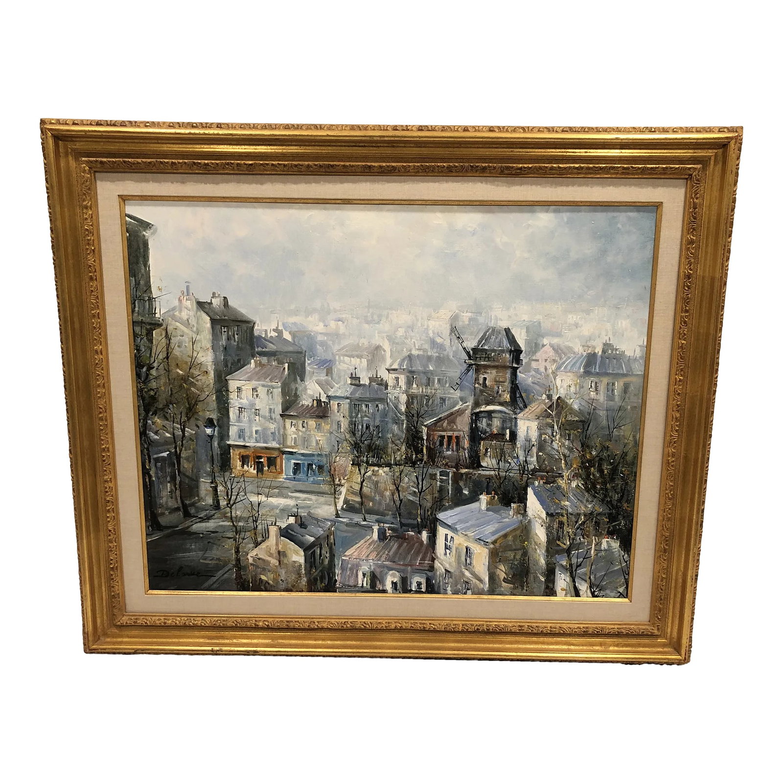 Lucien Delarue Original Painting Titled Le Moulin De La Galette: Impressive large original canvas by French listed artist Lucien Delarue of Monmarte in winter with charming windmill. Delarue is known internationally as an artist who faithfully captures the