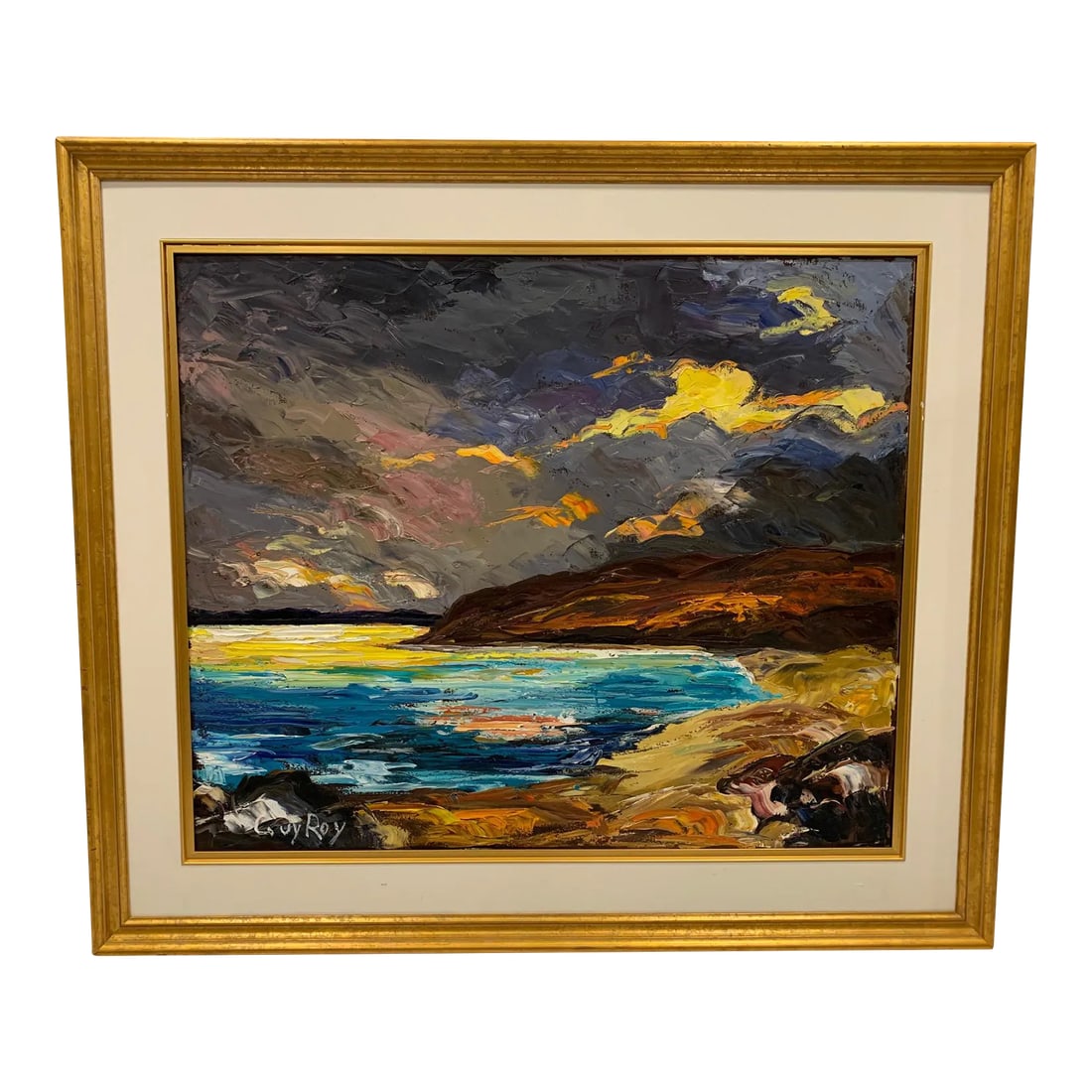 Original Oil on Canvas by Guy Roy: Powerful original landscape by Canadian artist Guy Roy having marvelous impasto and color palette. Signed lower left. Canvas measures 30 x 36 Matted and framed with gilded molding and interior