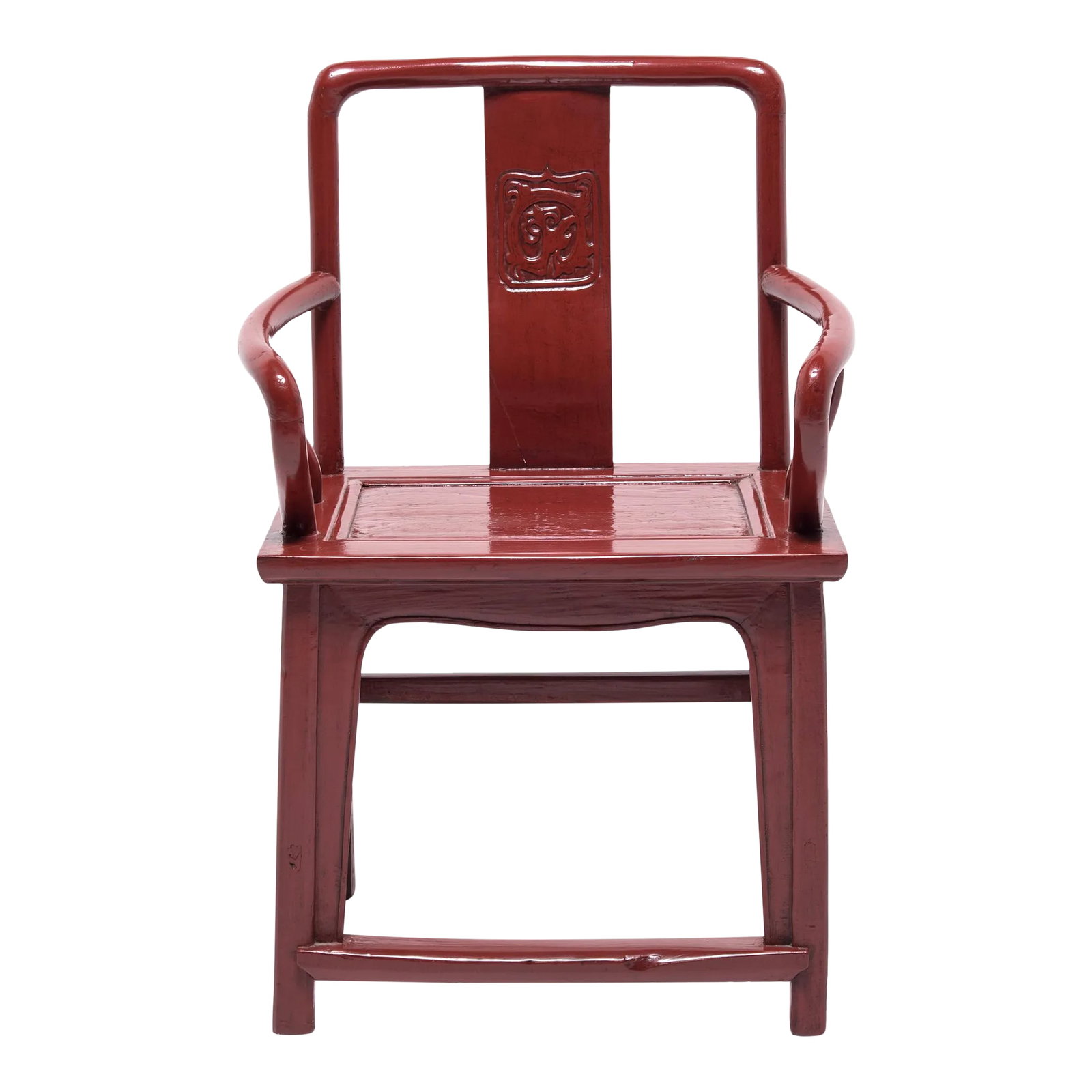 Chinese Red Lacquer Official's Chair, C. 1900: The defining characteristic of a Chinese Officials Chair is the way that the back crest rail turns continuously into the back posts. Our artisans lacquered this bold 19th century example from Northern