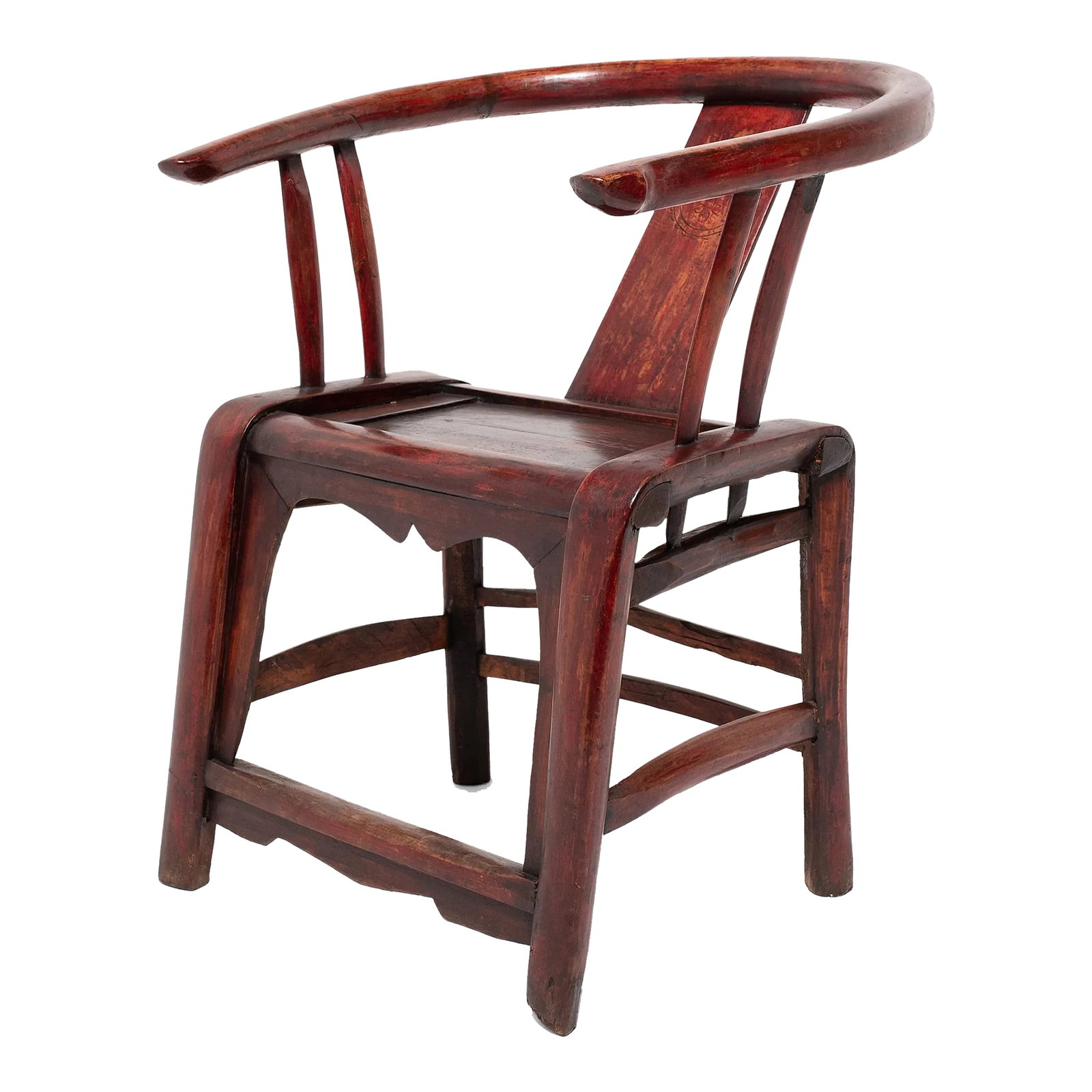 Chinese Red Lacquer Roundback Chair, 19th C.: Prior to the 10th century, Chinese society eschewed raised seats in favor of mats. The rising popularity of chairs and other forms of elevated seating led craftsmen to adapt traditional cabinetry and