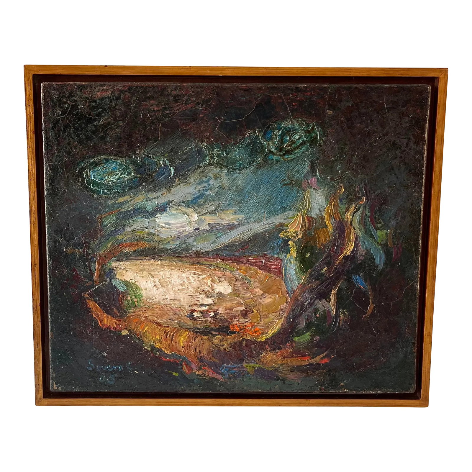Vintage Abstract Oil Painting by F. Sovero Cuyubama (20th C): Vintage framed oil painting on canvas. Abstract composition, signed lower left "Sovero C 85" (Fernando Sovero Cuyubama, Peru, 20th c.). Artist label on back. Wonderful dark, moody colors with raised