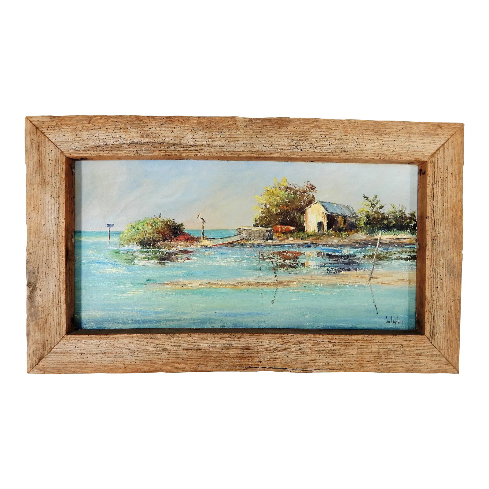 Florida Keys "Channel Cut" Oil Painting by Jo Hipler, Framed: Authentic vintage Florida Keys painting of a waterway "Channel Cut", oil on canvas signed "Jo Hipler" in lower right-hand corner. Artist, (20th Century), was a part-time resident of Big Pine Key,