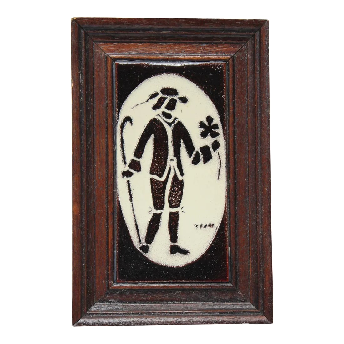 Vintage Handmade Israeli Enamel on Copper Figural Framed Silhouette Portrait: Enamel on copper figural study depicting an Israeli man holding a flower (ca. 1960s, Israel). Composed of a brown-enamel, rectangular panel whose central pattern is formed by hand-applying cream