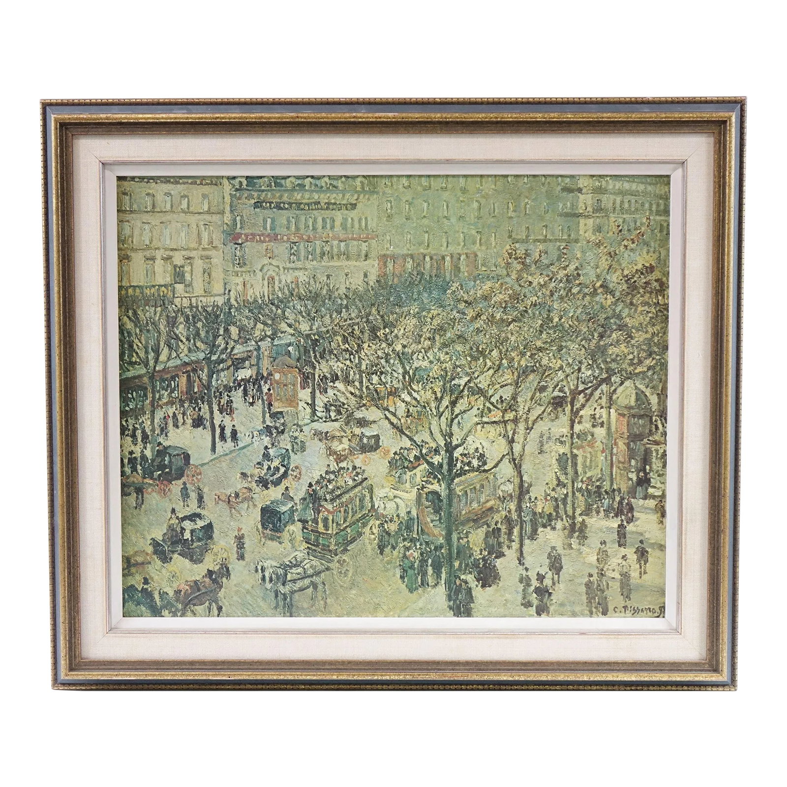 Boulevard Des Italiens: Morning Sunlight - Late 19th Century Print of Original Oil Painting Signed: This late 19th-century print, titled "Boulevard des Italiens, Morning, Sunlight", captures the bustling life of Paris in an iconic moment of urban vibrancy. Derived from an original oil painting by