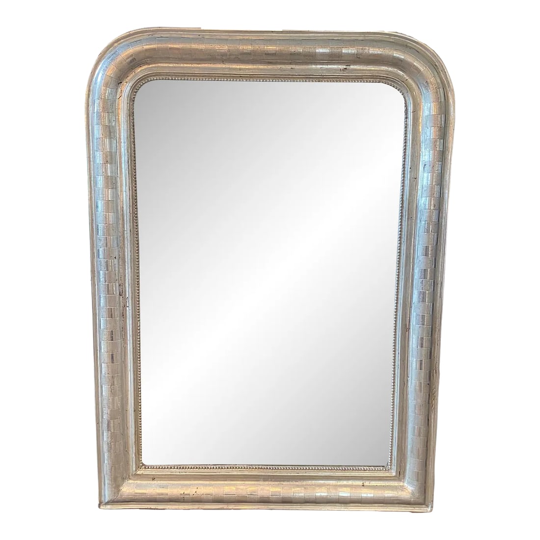 19th Century Silver Louis Philippe Mirror: Silver leaf antique Louis Philippe mirror having a lovely striped pattern with beaded edge and curved top. Original pine board back. Circa 1880. Measures: Mirror itself is 22 W x 31.5 H #6247.