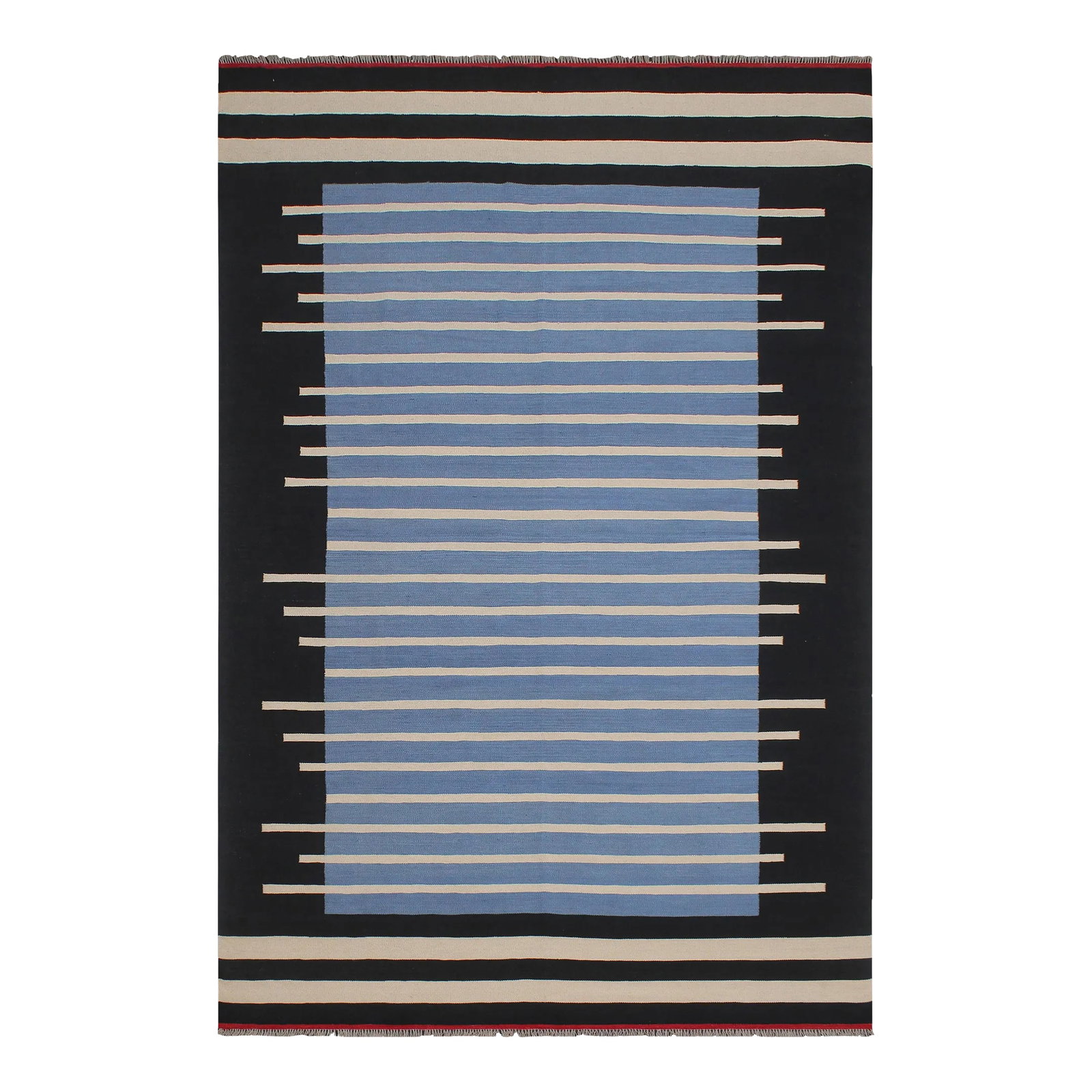 Early 21st Century Tribal Kilim Blue Black Wool Rug: "Add a touch of elegance to your home with this casual chic hand woven Tribal Kilim wool rug. Constructed on a loom by Nomad Turkman people with hand spun wool and 100% Natural Vegetable dyes these be