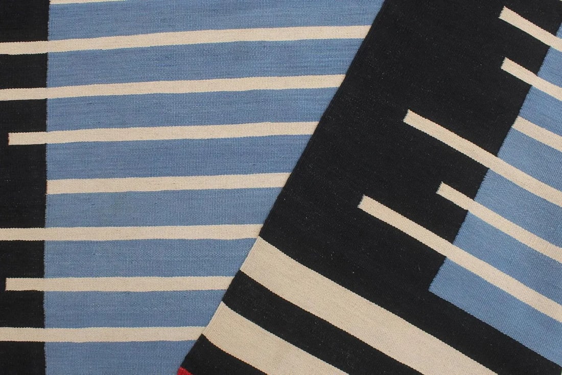 Early 21st Century Tribal Kilim Blue Black Wool Rug - 2