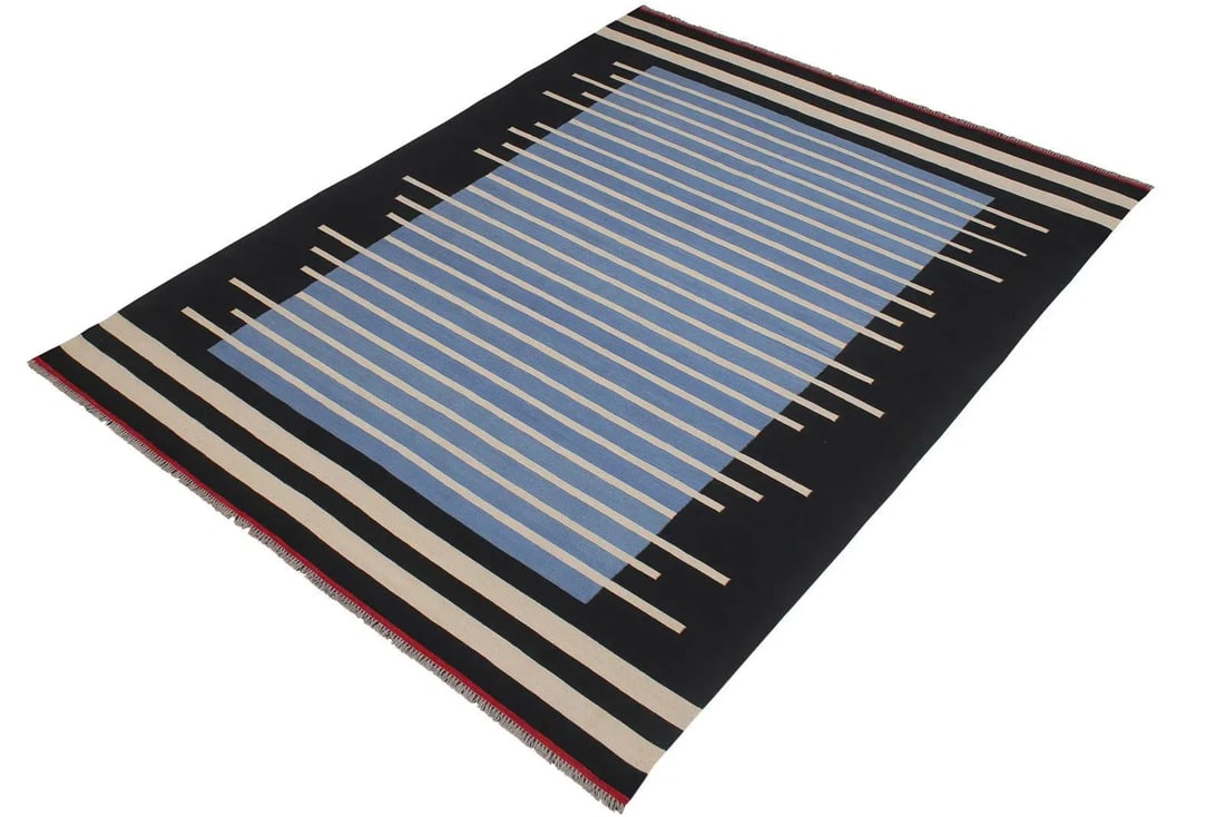 Early 21st Century Tribal Kilim Blue Black Wool Rug - 7