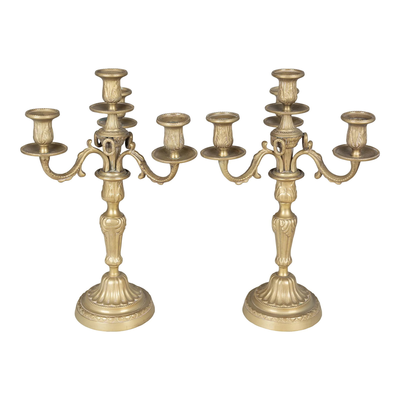 Pair of Louis XV Style French Brass Candelabra: A pair of Louis XV style French brass candelabra with four candle cups and nice cast details. 25.75"H x 10" Diameter. Base: 5" Diameter Condition: Alterations: Original Condition Unaltered