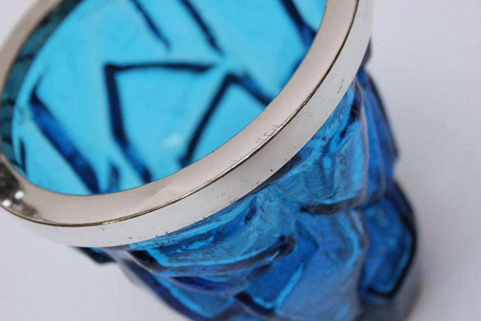 Vintage Blue Crackle Glass "Iceberg" Ice Bucket With Silver Handle - 12