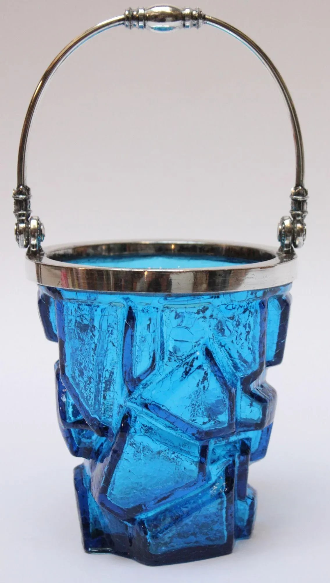 Vintage Blue Crackle Glass "Iceberg" Ice Bucket With Silver Handle - 13