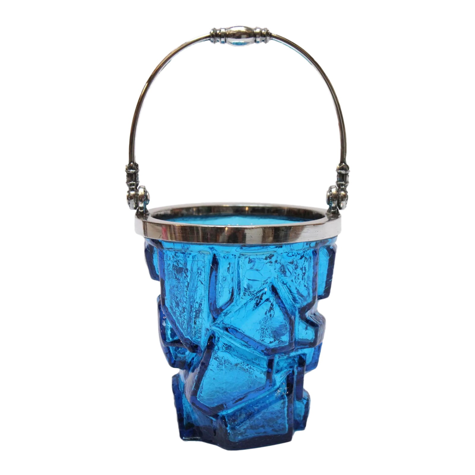 Vintage Blue Crackle Glass "Iceberg" Ice Bucket With Silver Handle: Attractive blue crackle glass ice bucket with iceberg form and silver-plated rim and collapsable handle (ca.1940s). Versions of this basic design were made in England in the 19th Century and later