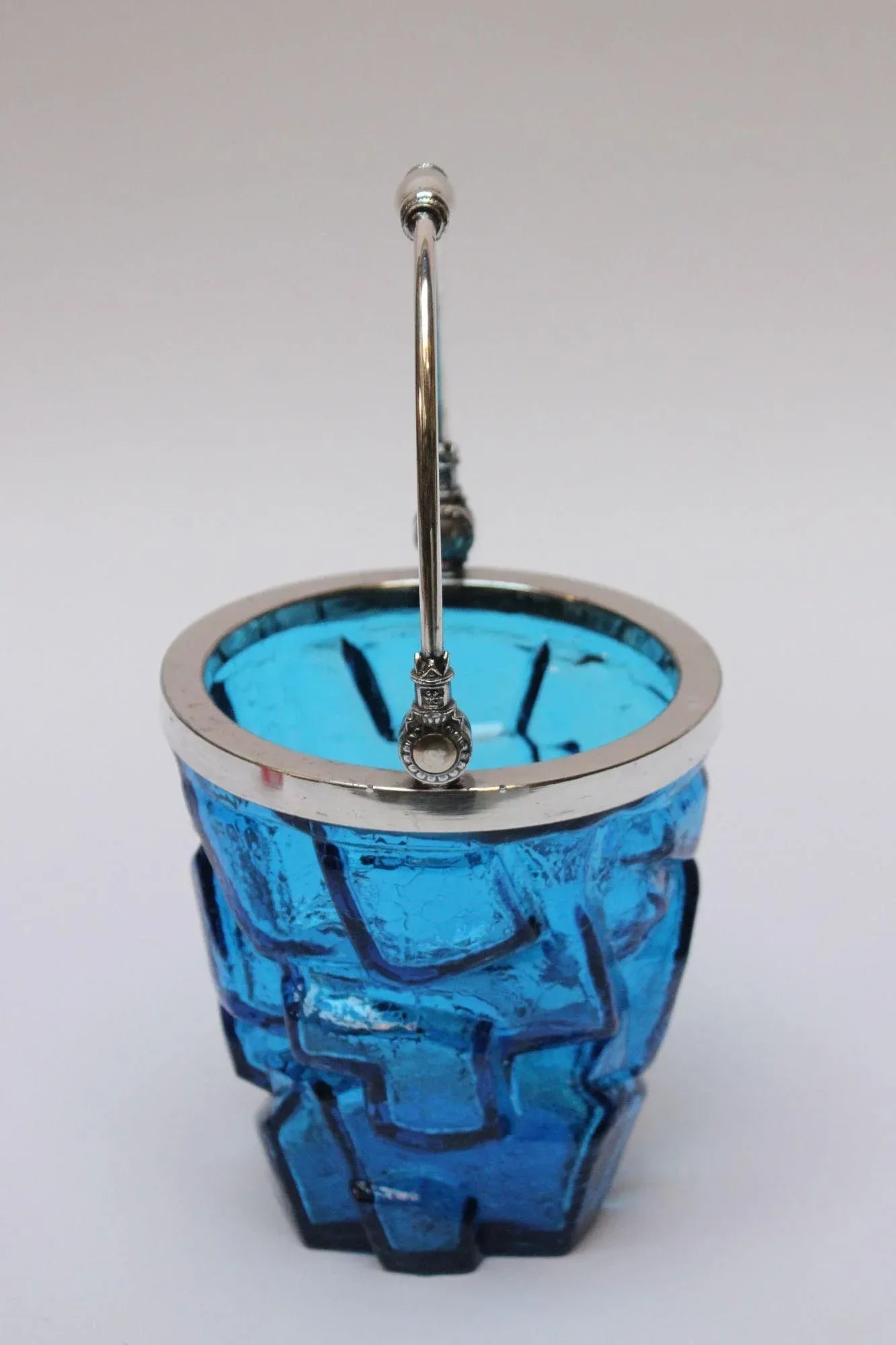 Vintage Blue Crackle Glass "Iceberg" Ice Bucket With Silver Handle - 2