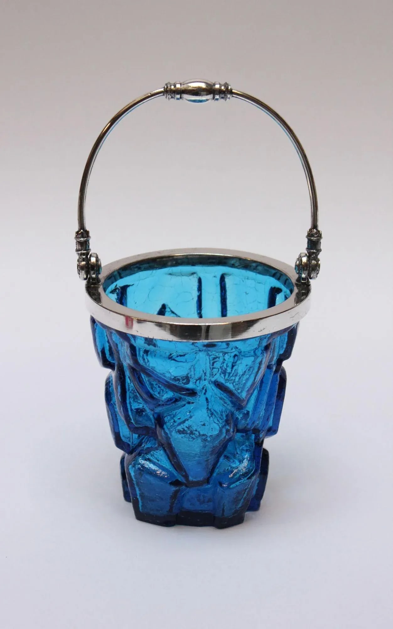 Vintage Blue Crackle Glass "Iceberg" Ice Bucket With Silver Handle - 3