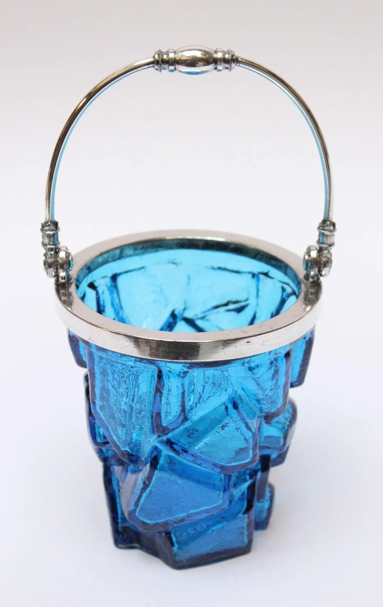 Vintage Blue Crackle Glass "Iceberg" Ice Bucket With Silver Handle - 4