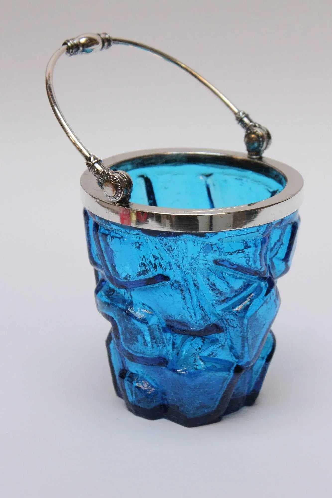 Vintage Blue Crackle Glass "Iceberg" Ice Bucket With Silver Handle - 5