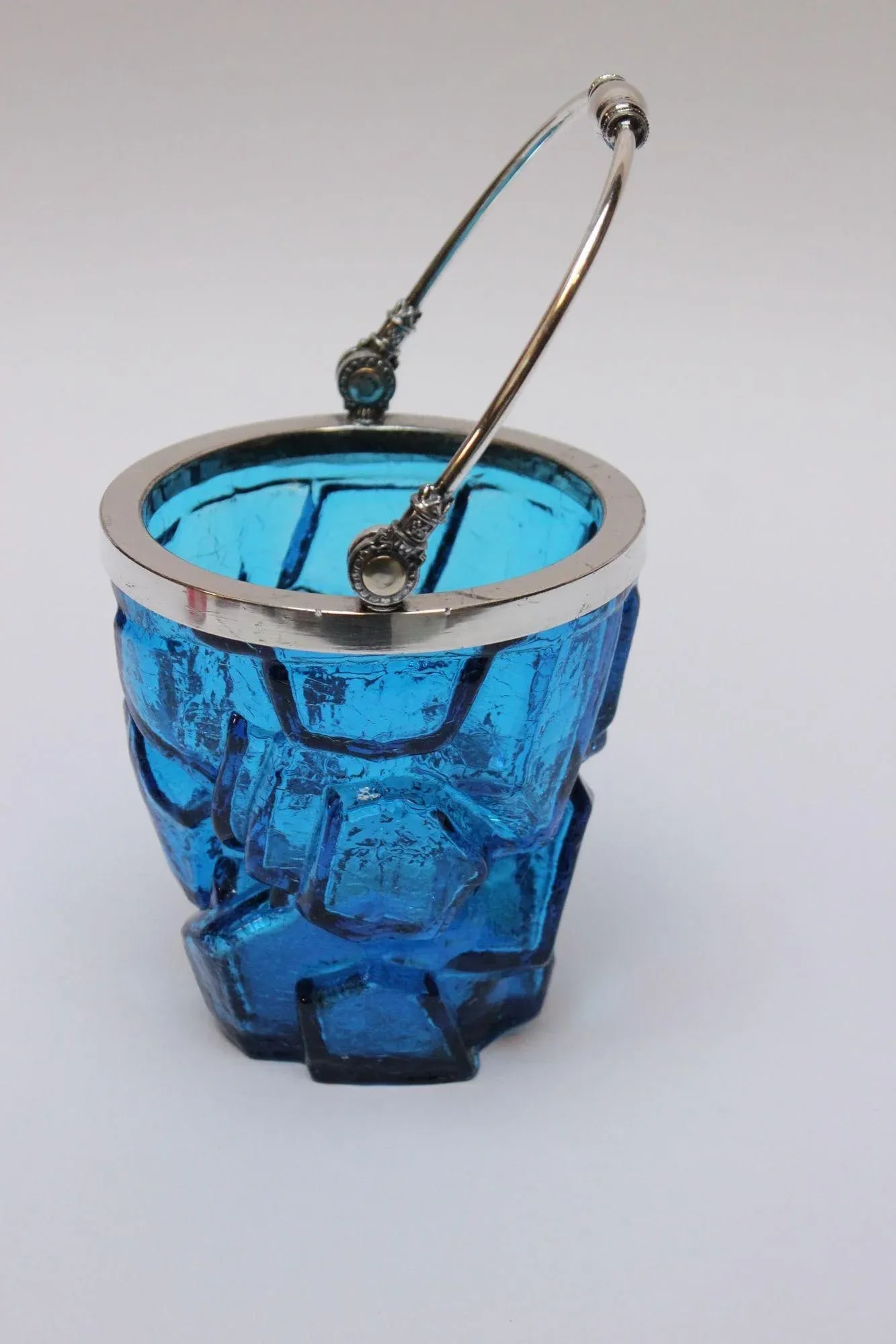 Vintage Blue Crackle Glass "Iceberg" Ice Bucket With Silver Handle - 6