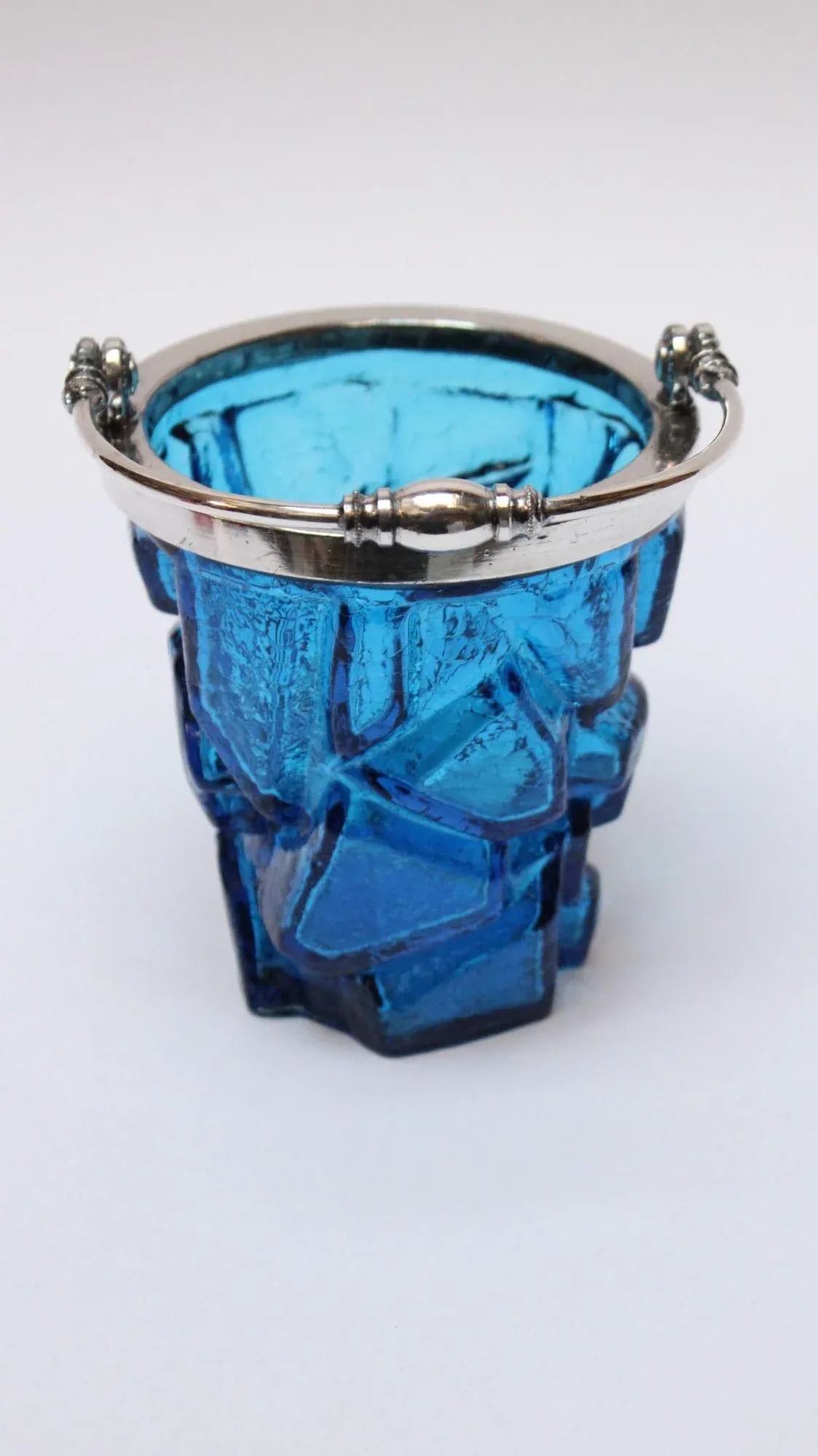 Vintage Blue Crackle Glass "Iceberg" Ice Bucket With Silver Handle - 7