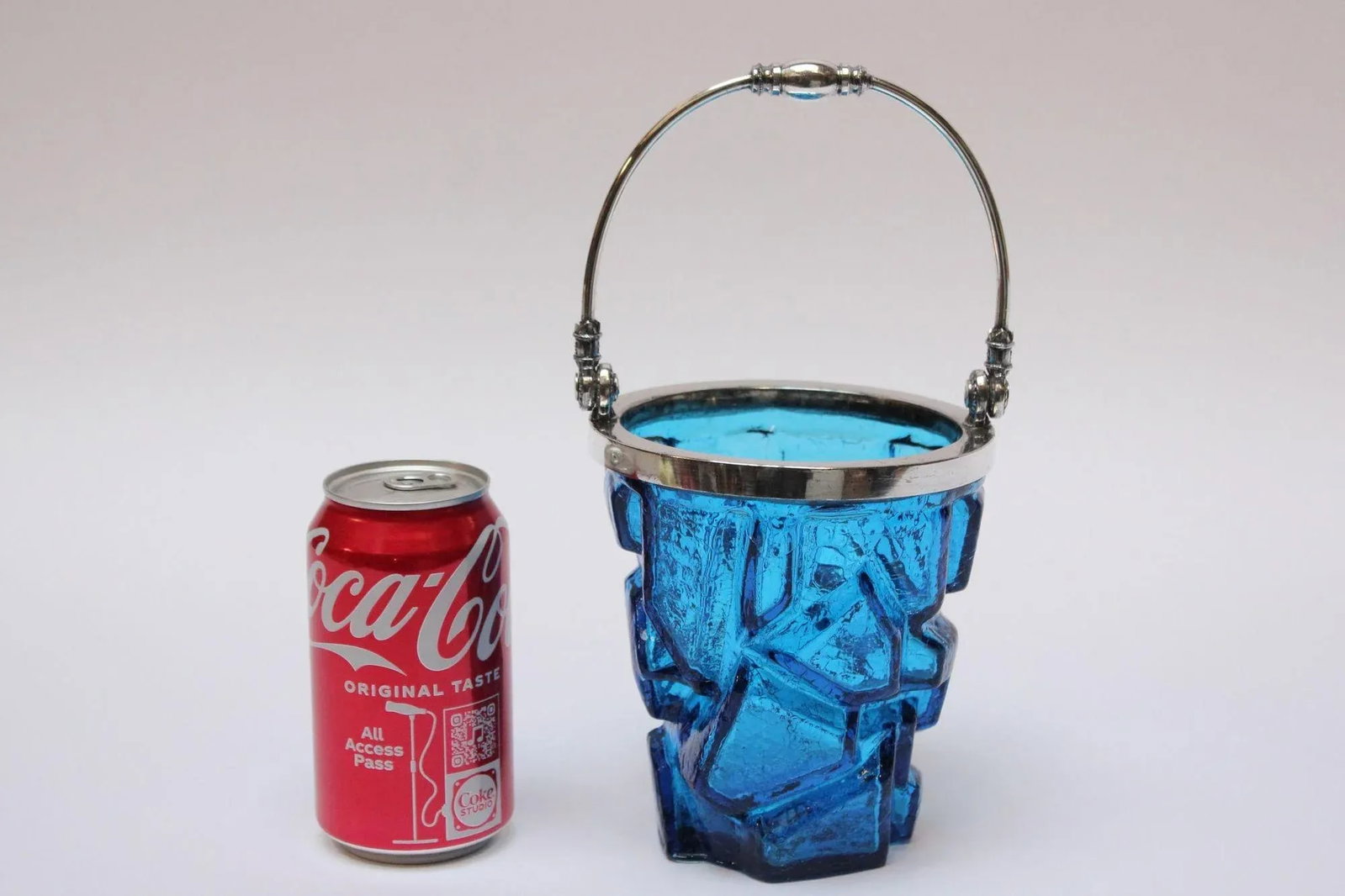 Vintage Blue Crackle Glass "Iceberg" Ice Bucket With Silver Handle - 8