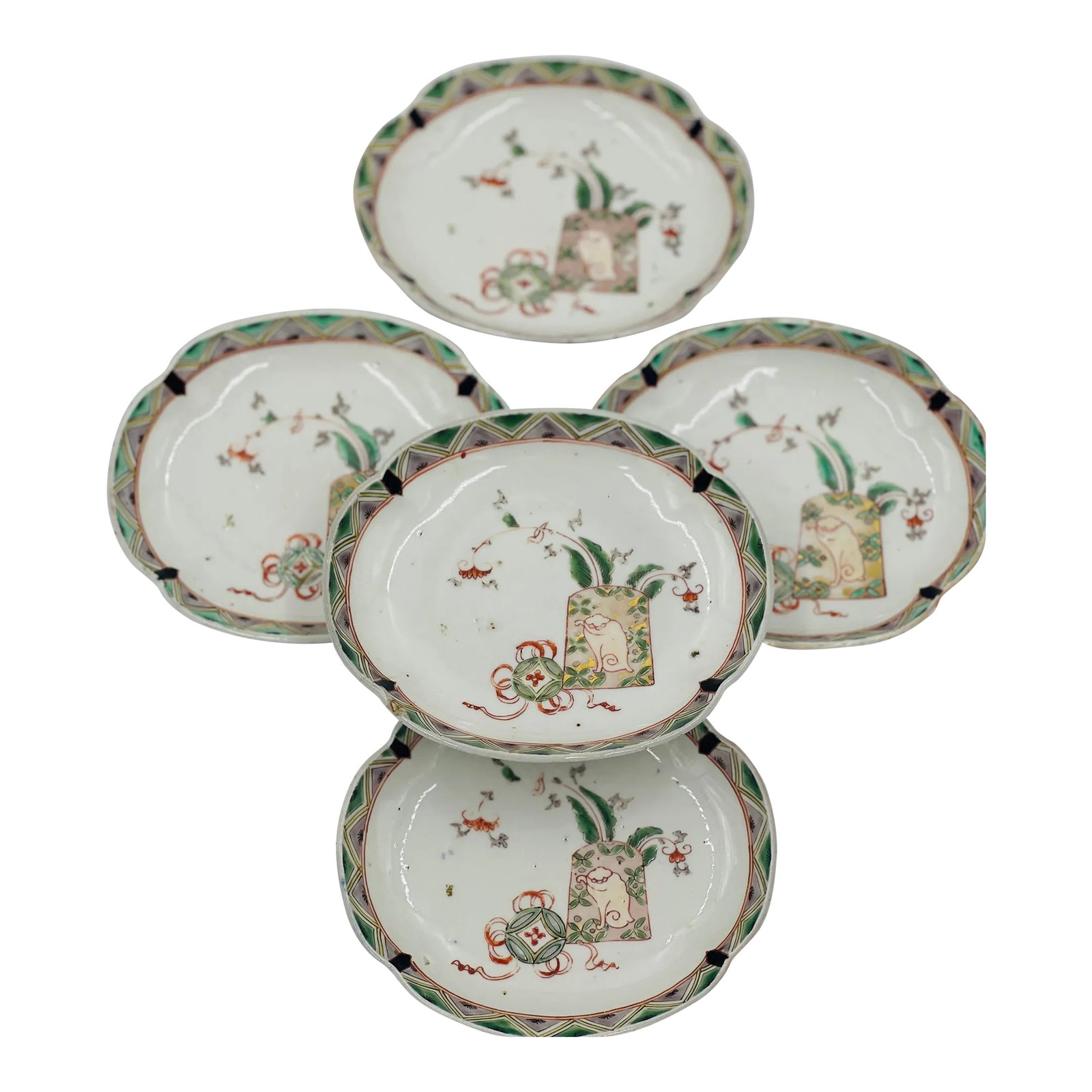 Set of 5 Antique Japanese Imari Porcelain Sauce / Sushi Dishes: A set of 5 Japanese Imari porcelain sauce / sushi dishes. Each decorated with enameled edges, precious objects and cat form to each. Condition: Alterations: Original Condition Unaltered