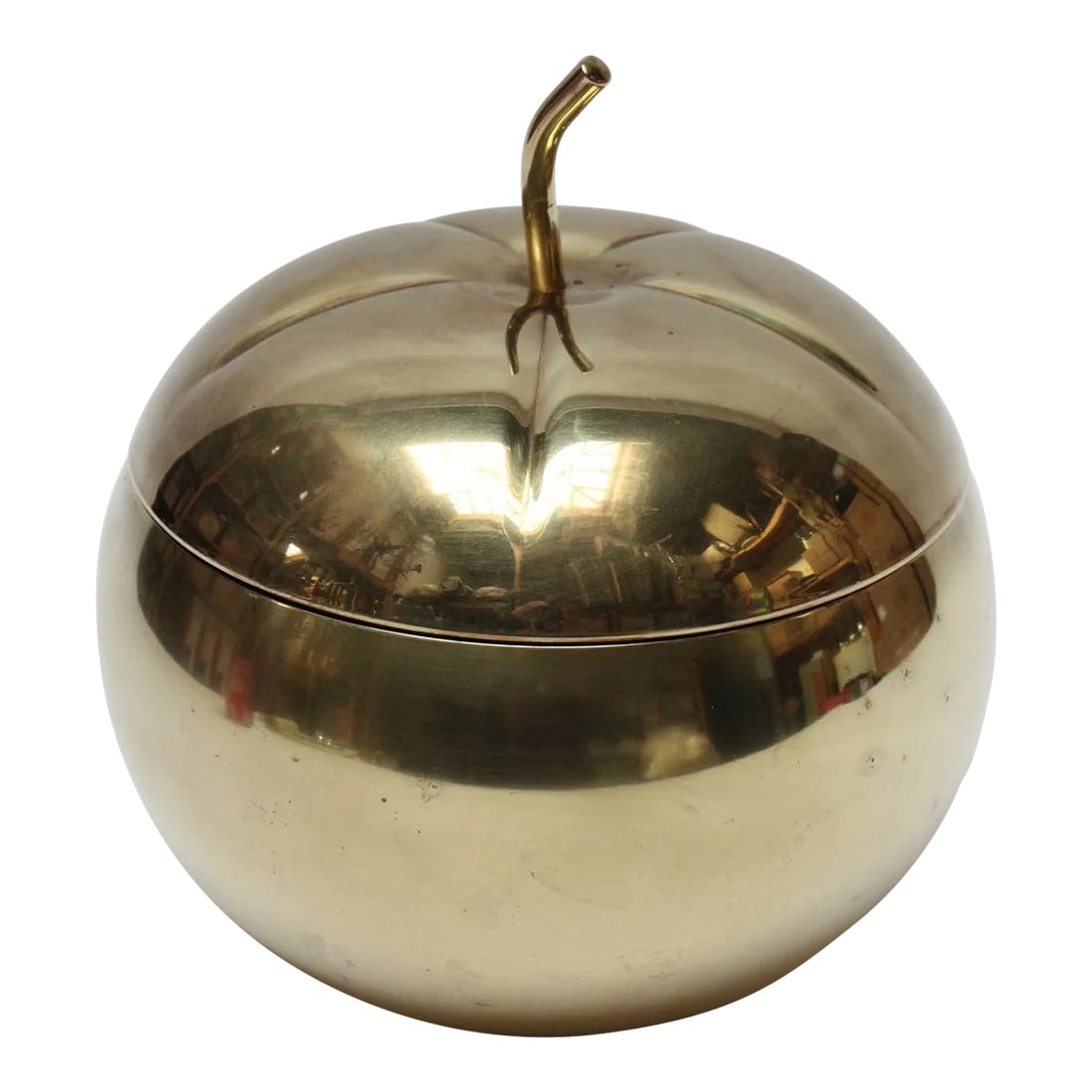 Mid-Century Italian Modern Brass "Pumpkin" Ice Bucket: Mid-Century Italian Modern "pumpkin-form" brass ice bucket (ca. 1950s). Features a sculptural stem decoration that serves as the handle for removing the top. The bucket is uninsulated but can still