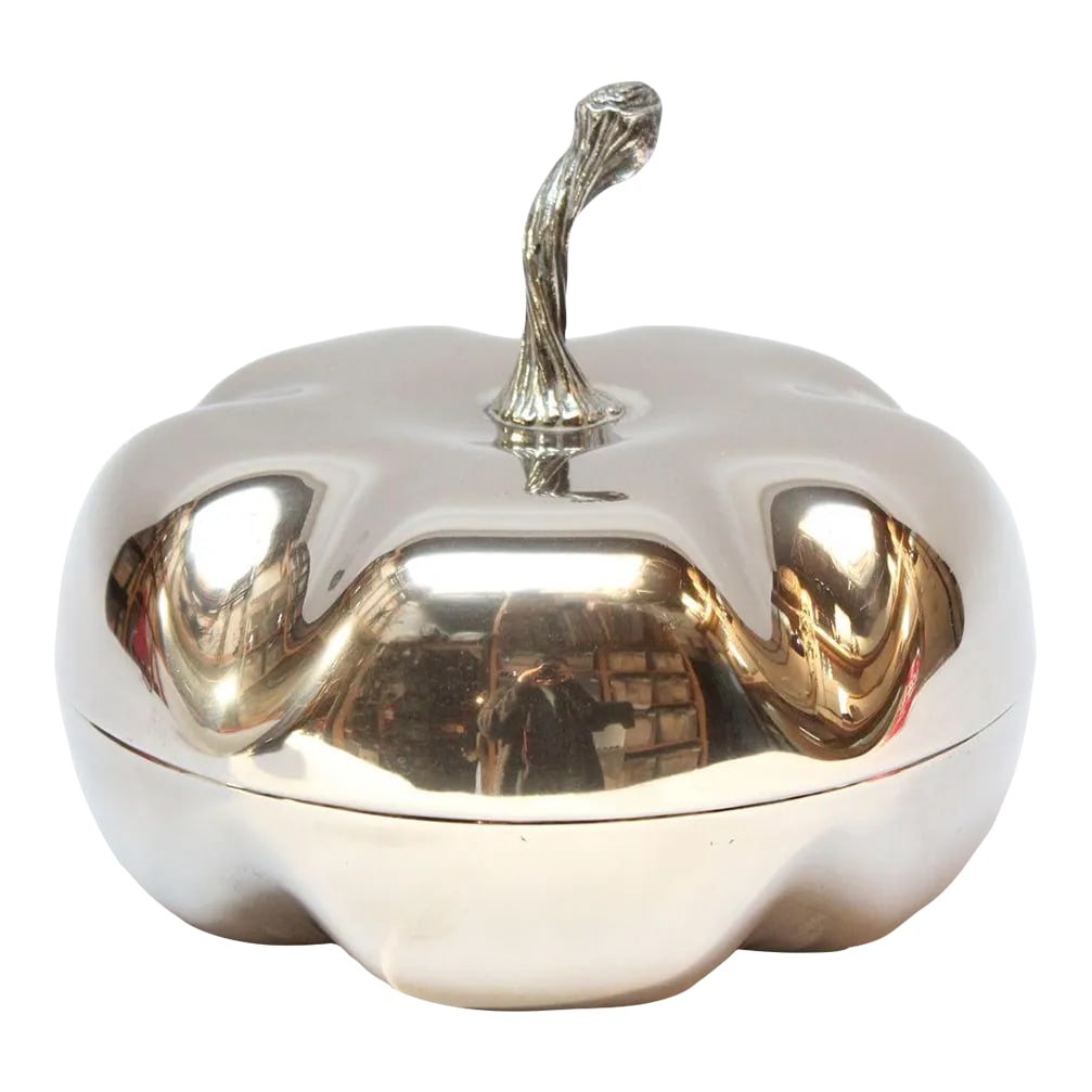 Italian Modernist Silver-Plated "Squash" Lidded Serving/Candy Dish: Mid-Century Italian Modern silver-plated snack/candy/serving dish with lidded top formed to resemble a squash. This is a shorter, uninsulated version of fruit and vegetable-formed ice buckets made in 