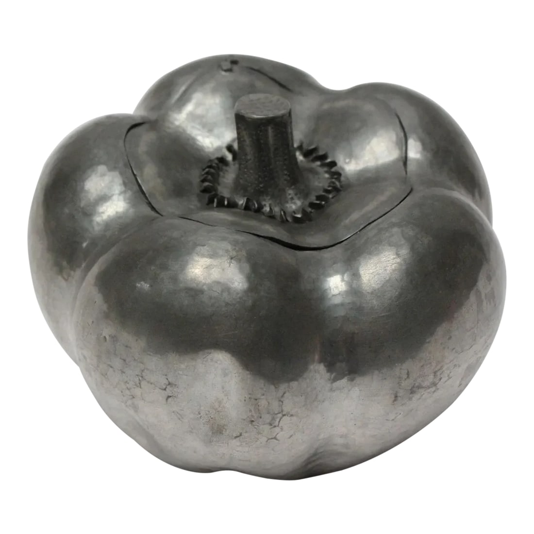 Italian Modernist Pewter "Pumpkin" Ice Bucket: Mid-Century Italian Modern "pumpkin-form" pewter ice bucket (ca. late 1950s/early 1960s, Italy). Features a sculptural stem decoration that serves as the handle for removing the top. The bucket is