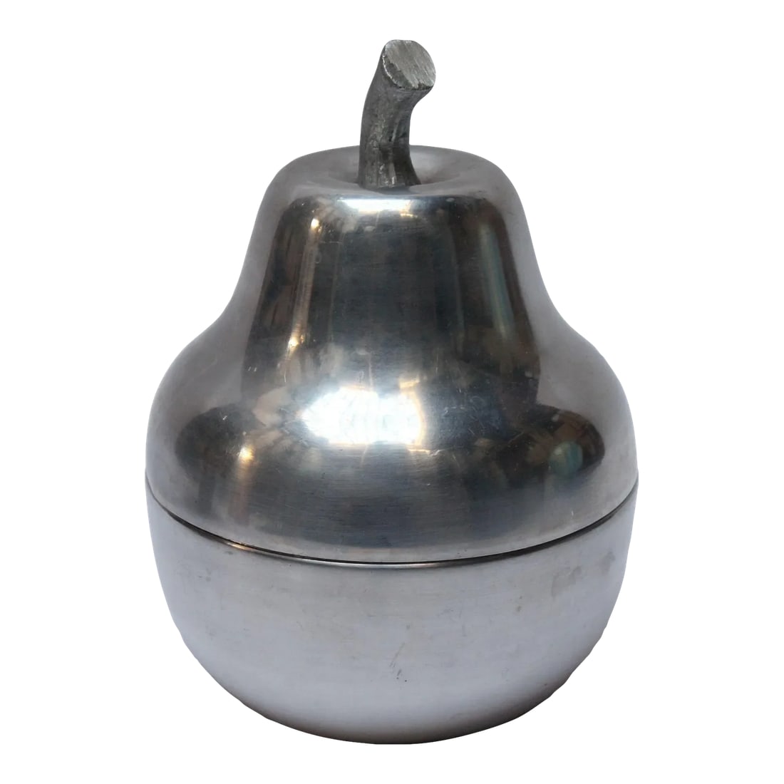 Vintage Italian Aluminum "Pear" Ice Bucket: Mid-Century Italian Modern aluminum 'pear-form' ice bucket with white plastic insulated bucket (ca. late 1960s/early 1970s, Italy). Features a textured, sculptural stem decoration that serves as the