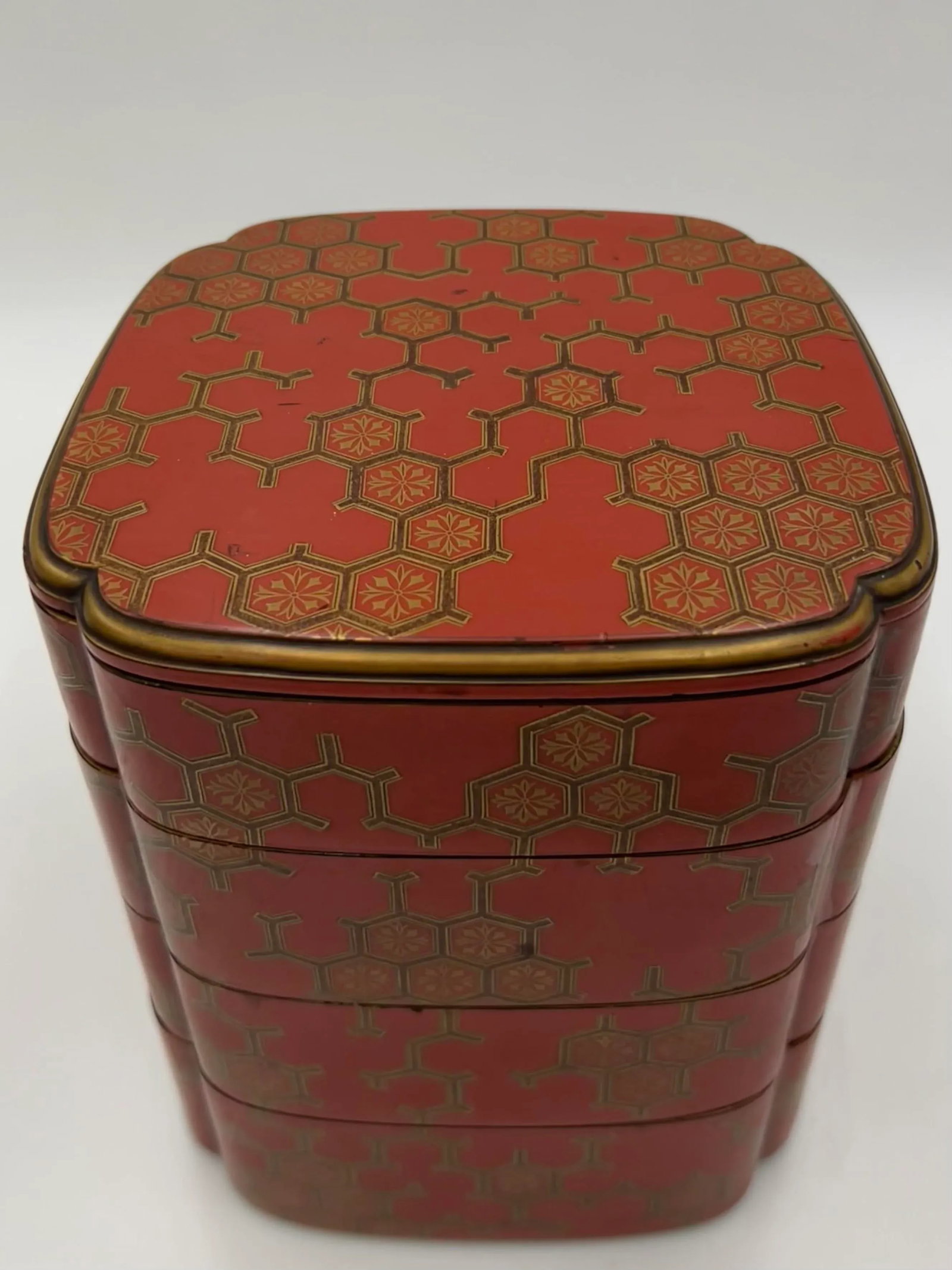 Antique Japanese Jubako 4-Tiered Bento Red Lacquerware Box - 3