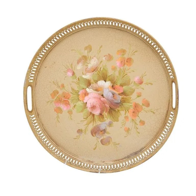 Early 20th Century French Tole Tray with Hand-Painted Bouquet of Roses and Pierced Gallery - 2