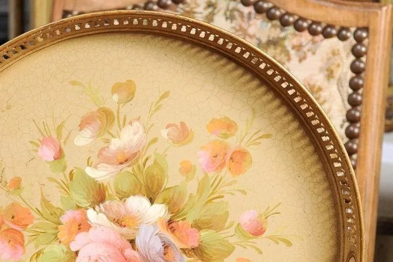 Early 20th Century French Tole Tray with Hand-Painted Bouquet of Roses and Pierced Gallery - 5